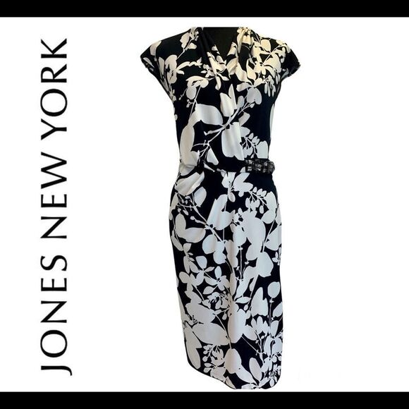 JONES New York collection black white floral sleeveless wrap embellished dress L - Picture 11 of 11